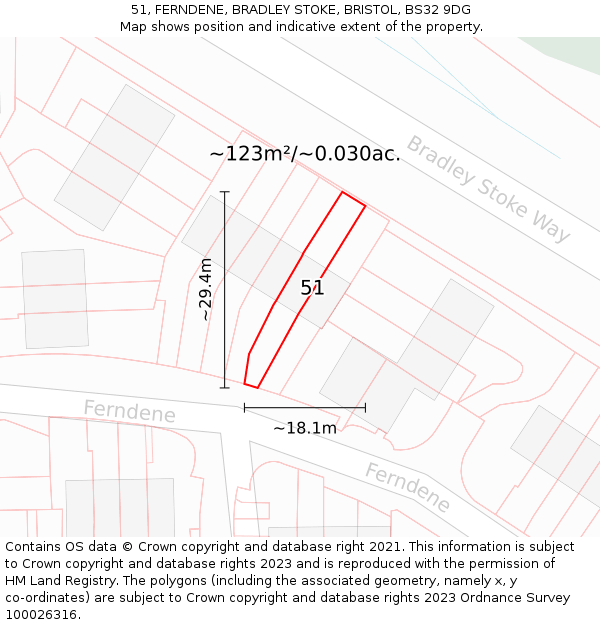 51, FERNDENE, BRADLEY STOKE, BRISTOL, BS32 9DG: Plot and title map