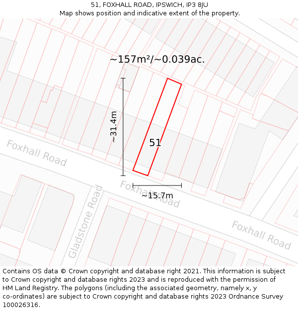 51, FOXHALL ROAD, IPSWICH, IP3 8JU: Plot and title map