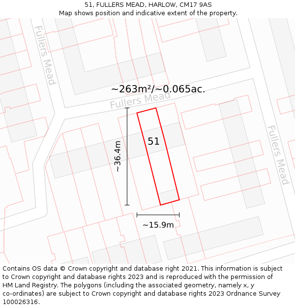 51, FULLERS MEAD, HARLOW, CM17 9AS: Plot and title map