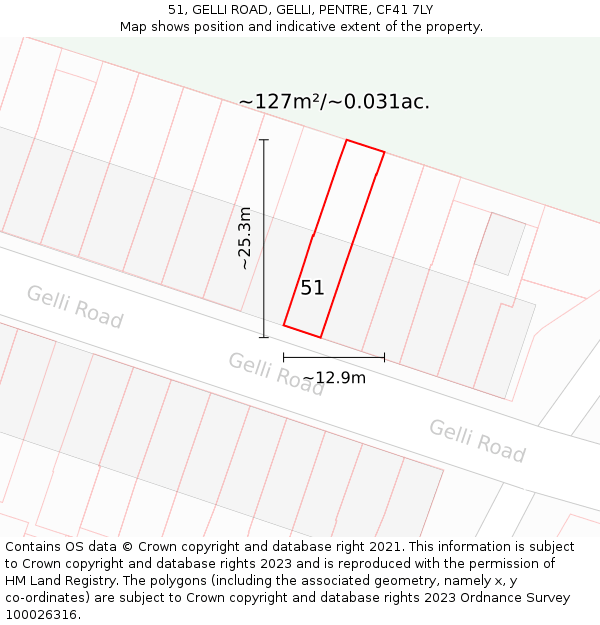 51, GELLI ROAD, GELLI, PENTRE, CF41 7LY: Plot and title map
