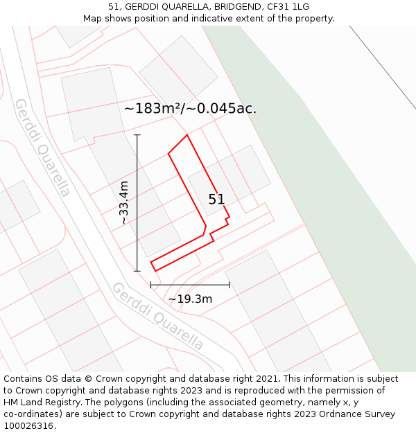 51, GERDDI QUARELLA, BRIDGEND, CF31 1LG: Plot and title map