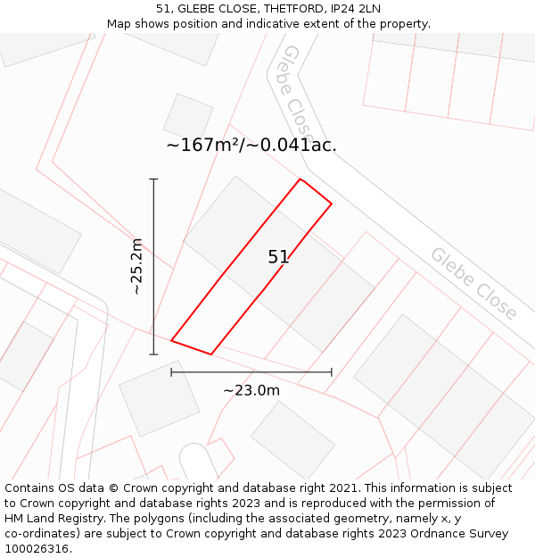 51, GLEBE CLOSE, THETFORD, IP24 2LN: Plot and title map