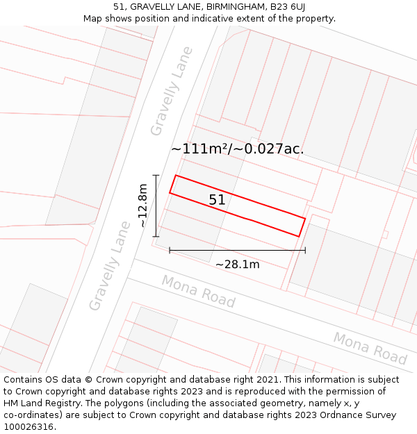 51, GRAVELLY LANE, BIRMINGHAM, B23 6UJ: Plot and title map