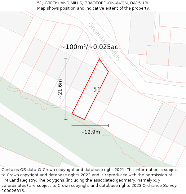 51, GREENLAND MILLS, BRADFORD-ON-AVON, BA15 1BL: Plot and title map