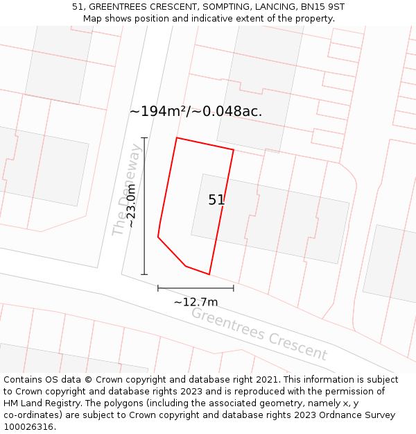 51, GREENTREES CRESCENT, SOMPTING, LANCING, BN15 9ST: Plot and title map