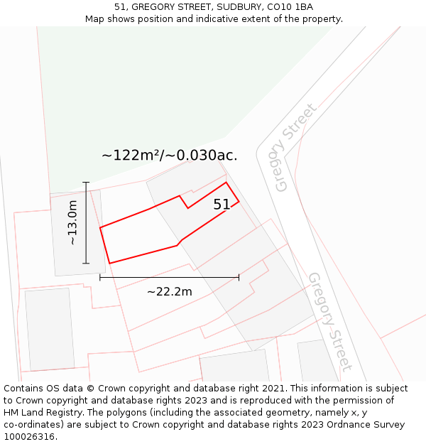 51, GREGORY STREET, SUDBURY, CO10 1BA: Plot and title map