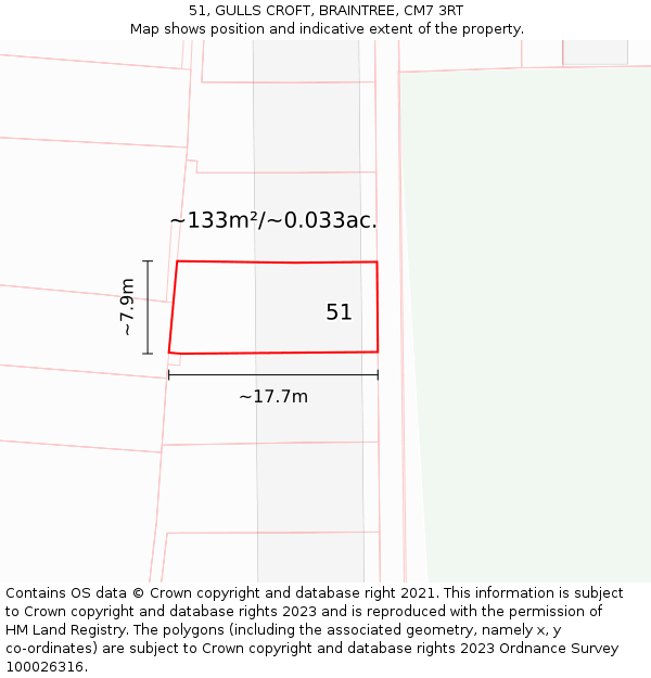 51, GULLS CROFT, BRAINTREE, CM7 3RT: Plot and title map