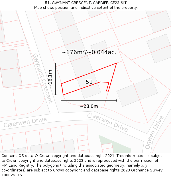 51, GWYNANT CRESCENT, CARDIFF, CF23 6LT: Plot and title map