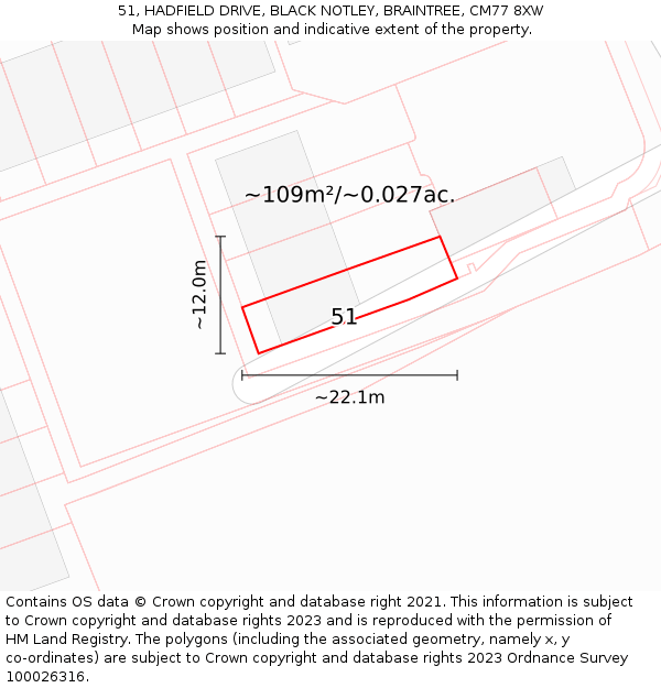 51, HADFIELD DRIVE, BLACK NOTLEY, BRAINTREE, CM77 8XW: Plot and title map
