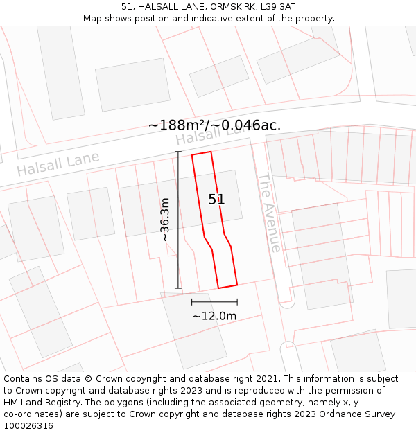 51, HALSALL LANE, ORMSKIRK, L39 3AT: Plot and title map