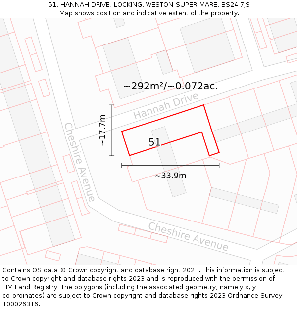 51, HANNAH DRIVE, LOCKING, WESTON-SUPER-MARE, BS24 7JS: Plot and title map