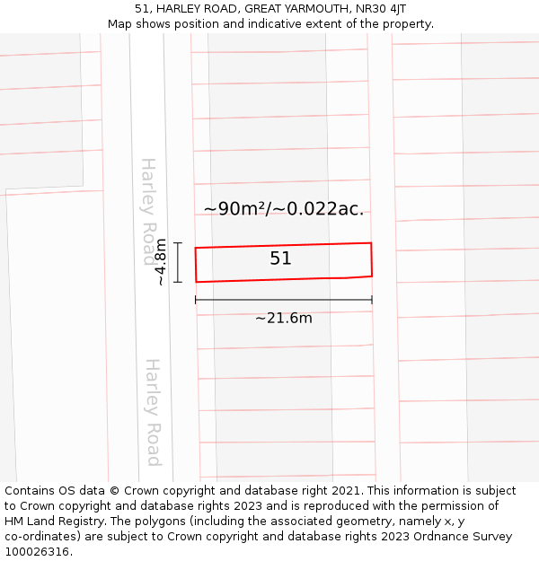51, HARLEY ROAD, GREAT YARMOUTH, NR30 4JT: Plot and title map