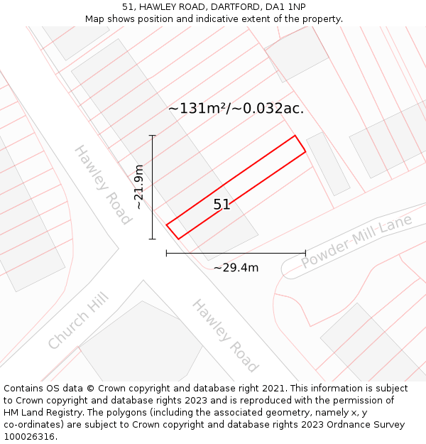 51, HAWLEY ROAD, DARTFORD, DA1 1NP: Plot and title map