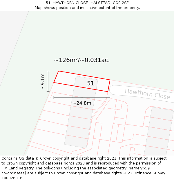 51, HAWTHORN CLOSE, HALSTEAD, CO9 2SF: Plot and title map