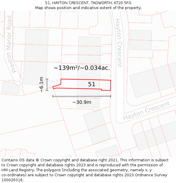 51, HAYTON CRESCENT, TADWORTH, KT20 5FG: Plot and title map