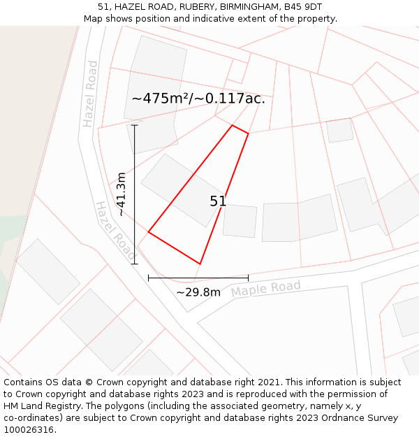 51, HAZEL ROAD, RUBERY, BIRMINGHAM, B45 9DT: Plot and title map