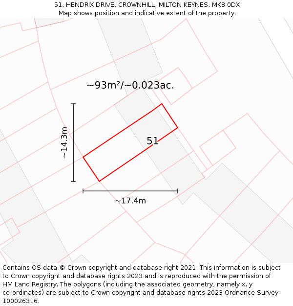 51, HENDRIX DRIVE, CROWNHILL, MILTON KEYNES, MK8 0DX: Plot and title map