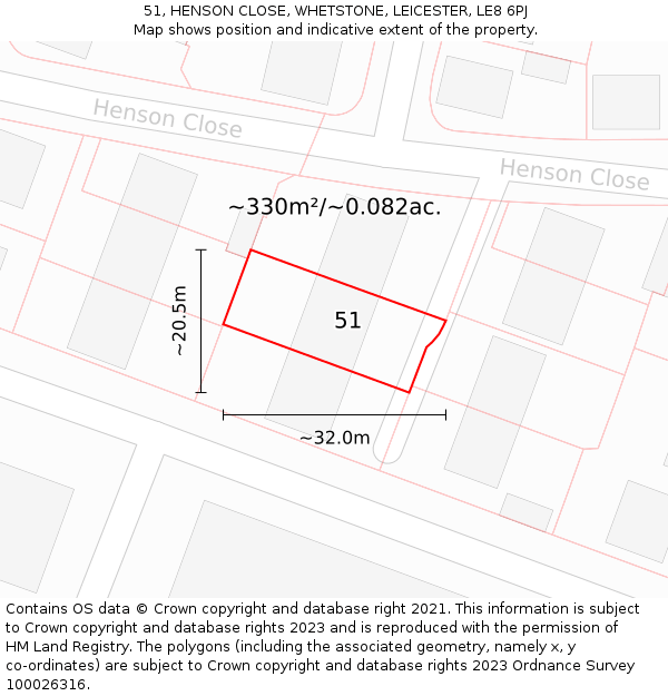 51, HENSON CLOSE, WHETSTONE, LEICESTER, LE8 6PJ: Plot and title map