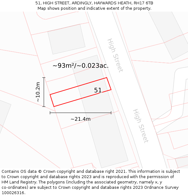 51, HIGH STREET, ARDINGLY, HAYWARDS HEATH, RH17 6TB: Plot and title map