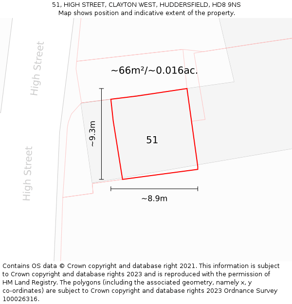 51, HIGH STREET, CLAYTON WEST, HUDDERSFIELD, HD8 9NS: Plot and title map