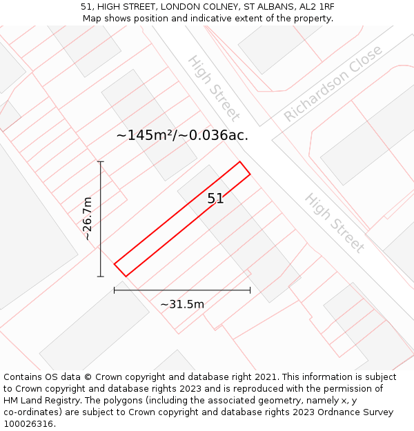 51, HIGH STREET, LONDON COLNEY, ST ALBANS, AL2 1RF: Plot and title map