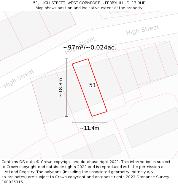 51, HIGH STREET, WEST CORNFORTH, FERRYHILL, DL17 9HP: Plot and title map