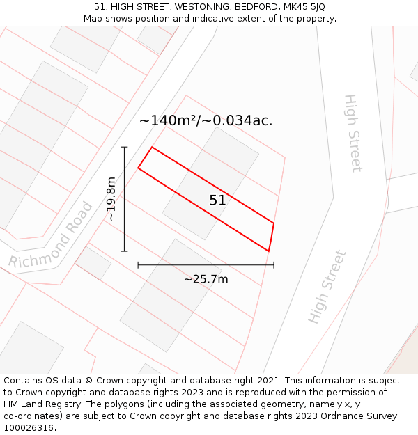 51, HIGH STREET, WESTONING, BEDFORD, MK45 5JQ: Plot and title map