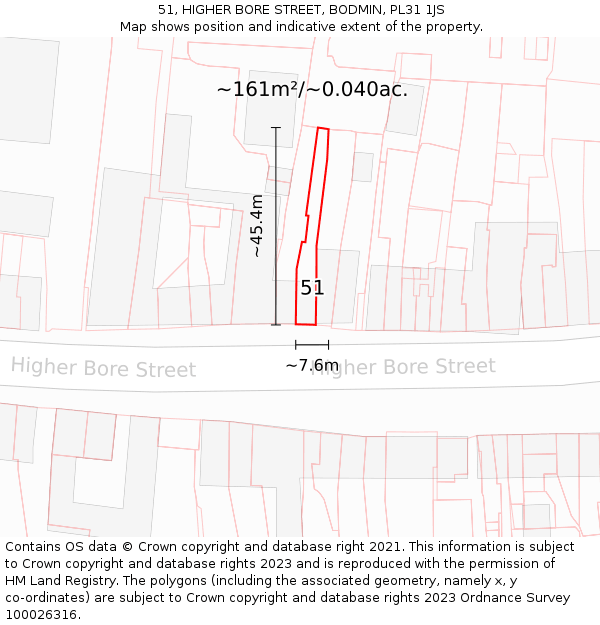 51, HIGHER BORE STREET, BODMIN, PL31 1JS: Plot and title map