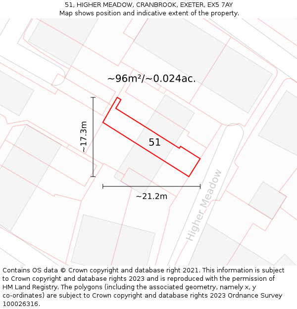 51, HIGHER MEADOW, CRANBROOK, EXETER, EX5 7AY: Plot and title map