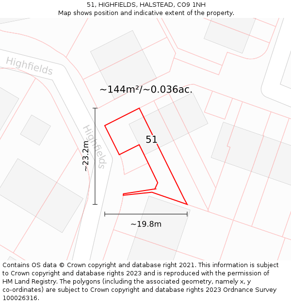 51, HIGHFIELDS, HALSTEAD, CO9 1NH: Plot and title map