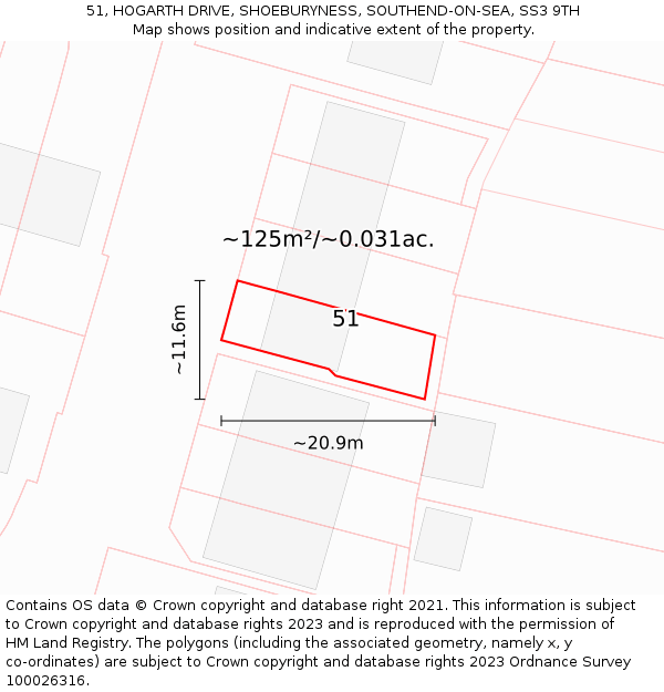 51, HOGARTH DRIVE, SHOEBURYNESS, SOUTHEND-ON-SEA, SS3 9TH: Plot and title map