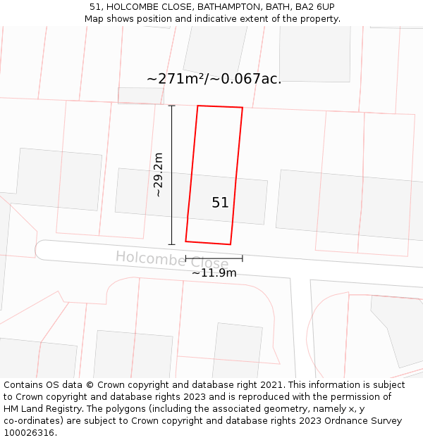 51, HOLCOMBE CLOSE, BATHAMPTON, BATH, BA2 6UP: Plot and title map