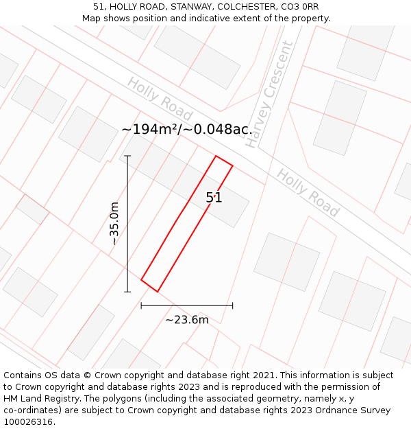 51, HOLLY ROAD, STANWAY, COLCHESTER, CO3 0RR: Plot and title map