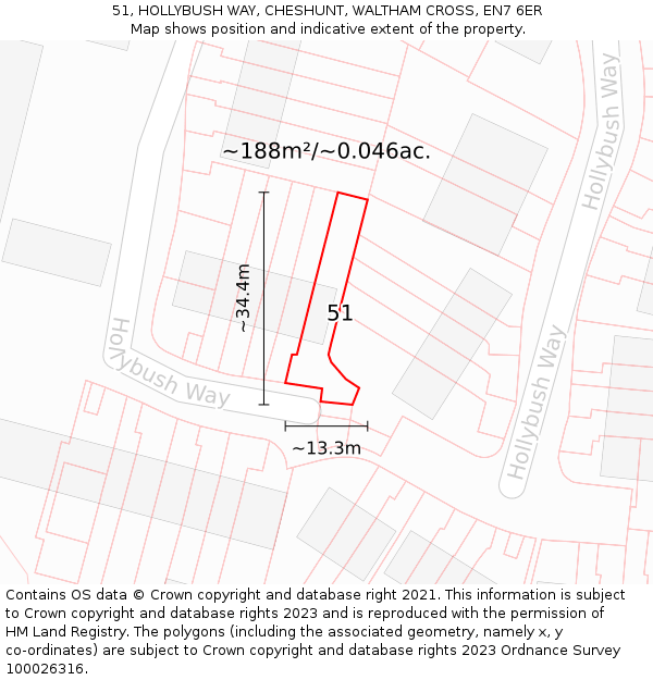 51, HOLLYBUSH WAY, CHESHUNT, WALTHAM CROSS, EN7 6ER: Plot and title map