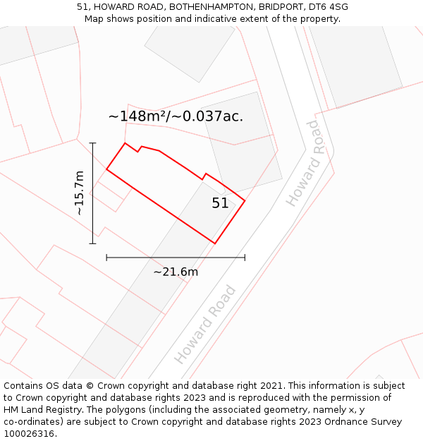 51, HOWARD ROAD, BOTHENHAMPTON, BRIDPORT, DT6 4SG: Plot and title map