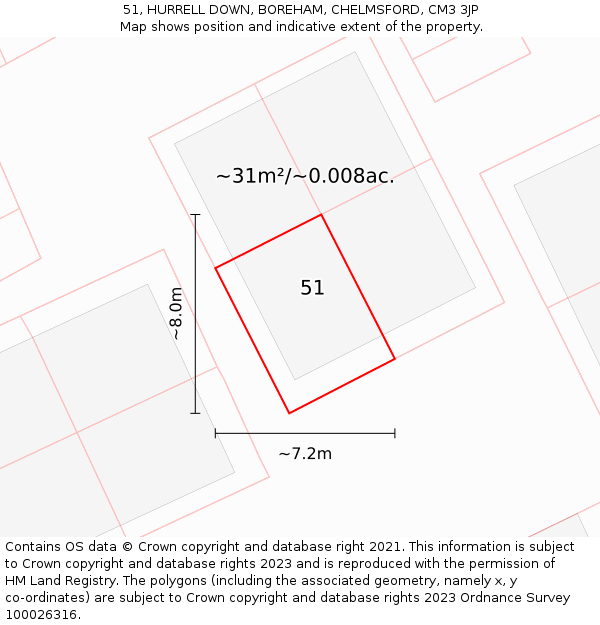 51, HURRELL DOWN, BOREHAM, CHELMSFORD, CM3 3JP: Plot and title map