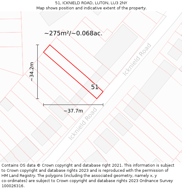 51, ICKNIELD ROAD, LUTON, LU3 2NY: Plot and title map