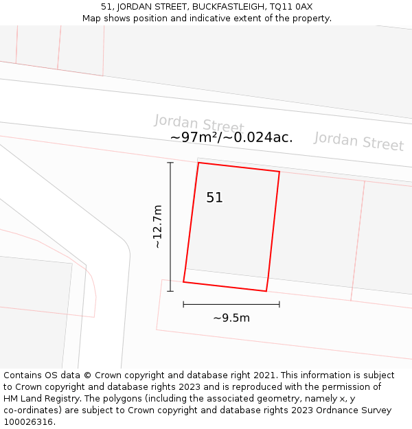 51, JORDAN STREET, BUCKFASTLEIGH, TQ11 0AX: Plot and title map