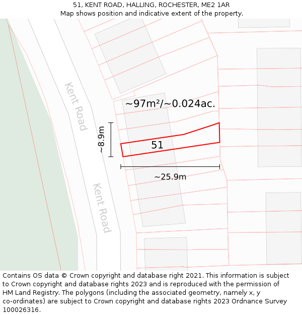 51, KENT ROAD, HALLING, ROCHESTER, ME2 1AR: Plot and title map