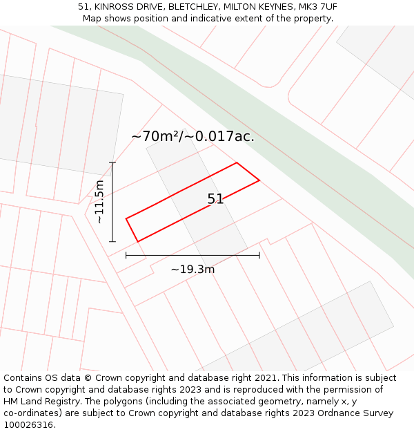 51, KINROSS DRIVE, BLETCHLEY, MILTON KEYNES, MK3 7UF: Plot and title map
