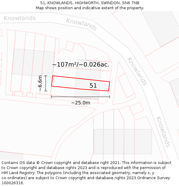 51, KNOWLANDS, HIGHWORTH, SWINDON, SN6 7NB: Plot and title map