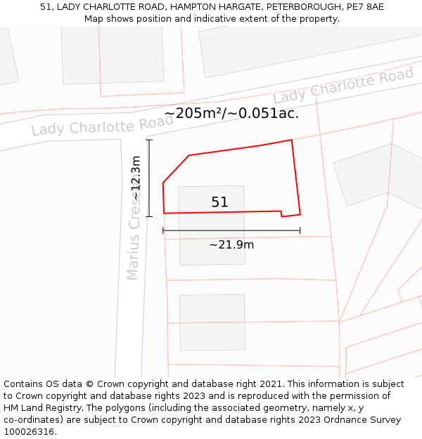 51, LADY CHARLOTTE ROAD, HAMPTON HARGATE, PETERBOROUGH, PE7 8AE: Plot and title map