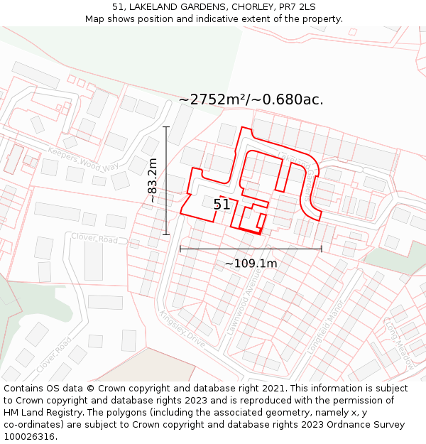 51, LAKELAND GARDENS, CHORLEY, PR7 2LS: Plot and title map