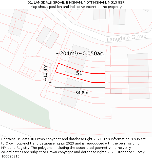 51, LANGDALE GROVE, BINGHAM, NOTTINGHAM, NG13 8SR: Plot and title map
