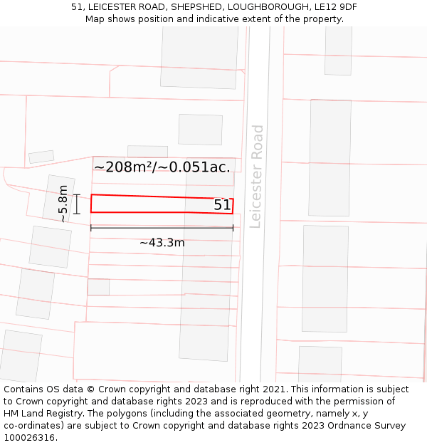 51, LEICESTER ROAD, SHEPSHED, LOUGHBOROUGH, LE12 9DF: Plot and title map