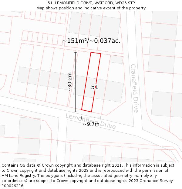 51, LEMONFIELD DRIVE, WATFORD, WD25 9TP: Plot and title map
