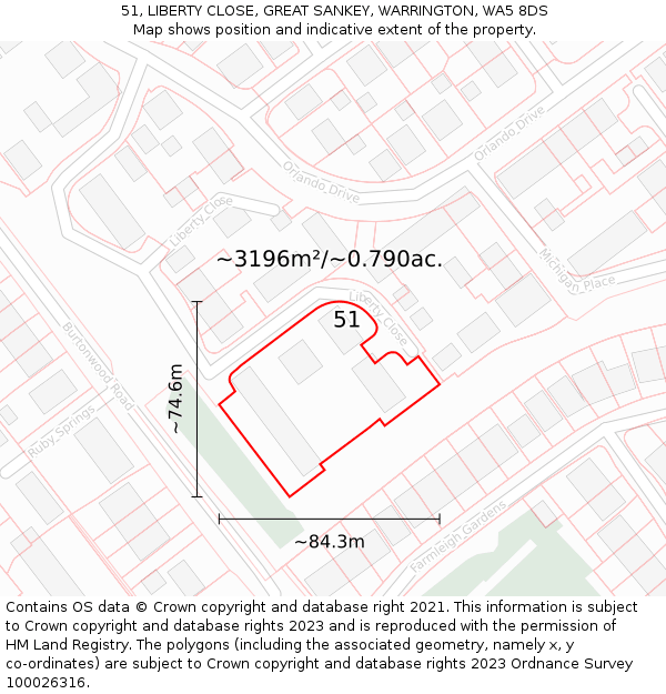 51, LIBERTY CLOSE, GREAT SANKEY, WARRINGTON, WA5 8DS: Plot and title map