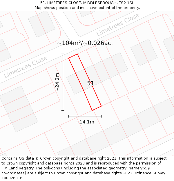 51, LIMETREES CLOSE, MIDDLESBROUGH, TS2 1SL: Plot and title map