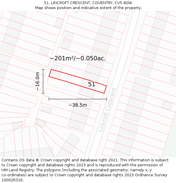 51, LINCROFT CRESCENT, COVENTRY, CV5 8GW: Plot and title map