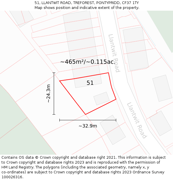51, LLANTWIT ROAD, TREFOREST, PONTYPRIDD, CF37 1TY: Plot and title map